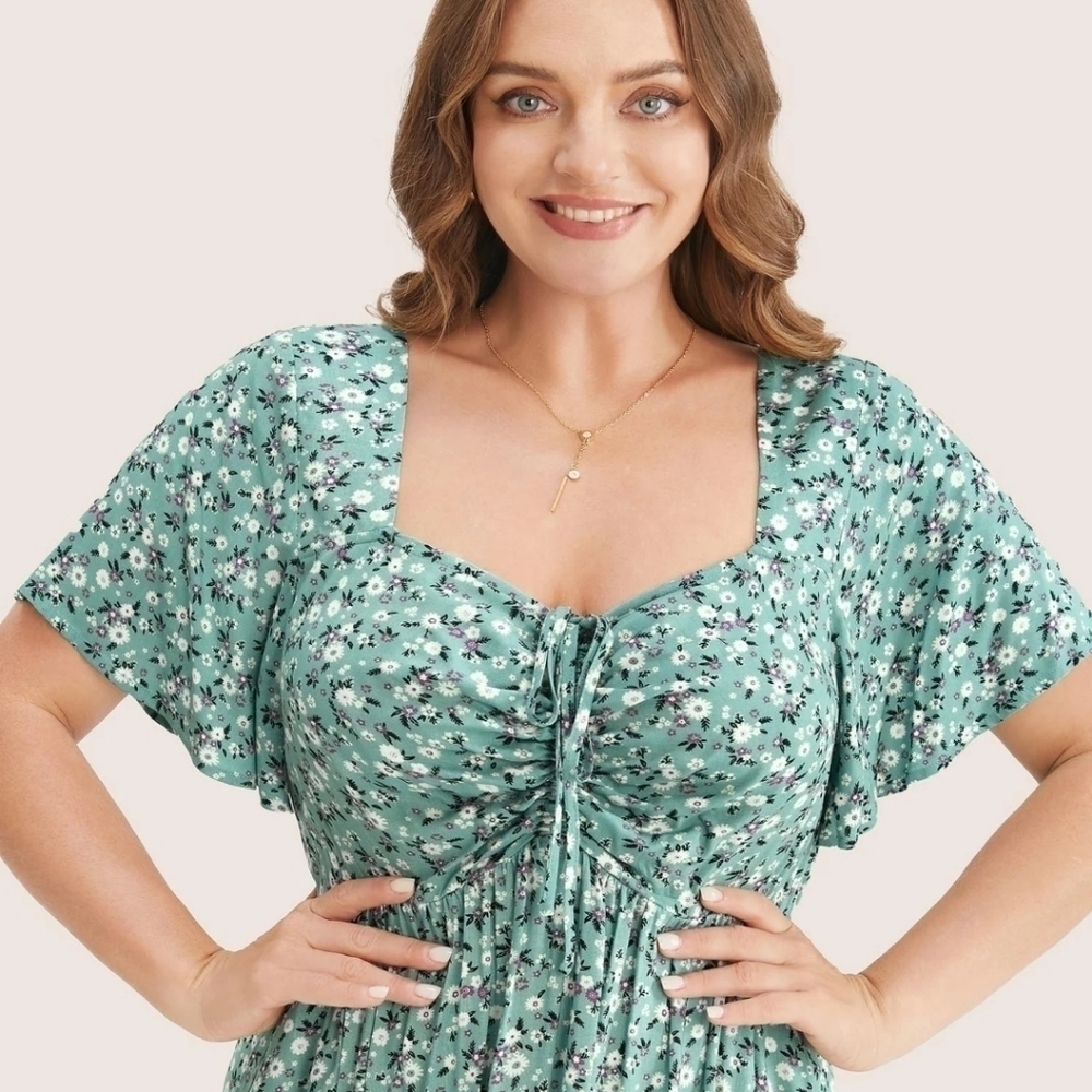 Ditsy Floral Drawstring Ruched Pocket Ruffle Tiered Teal Dress - Picture 2 of 10